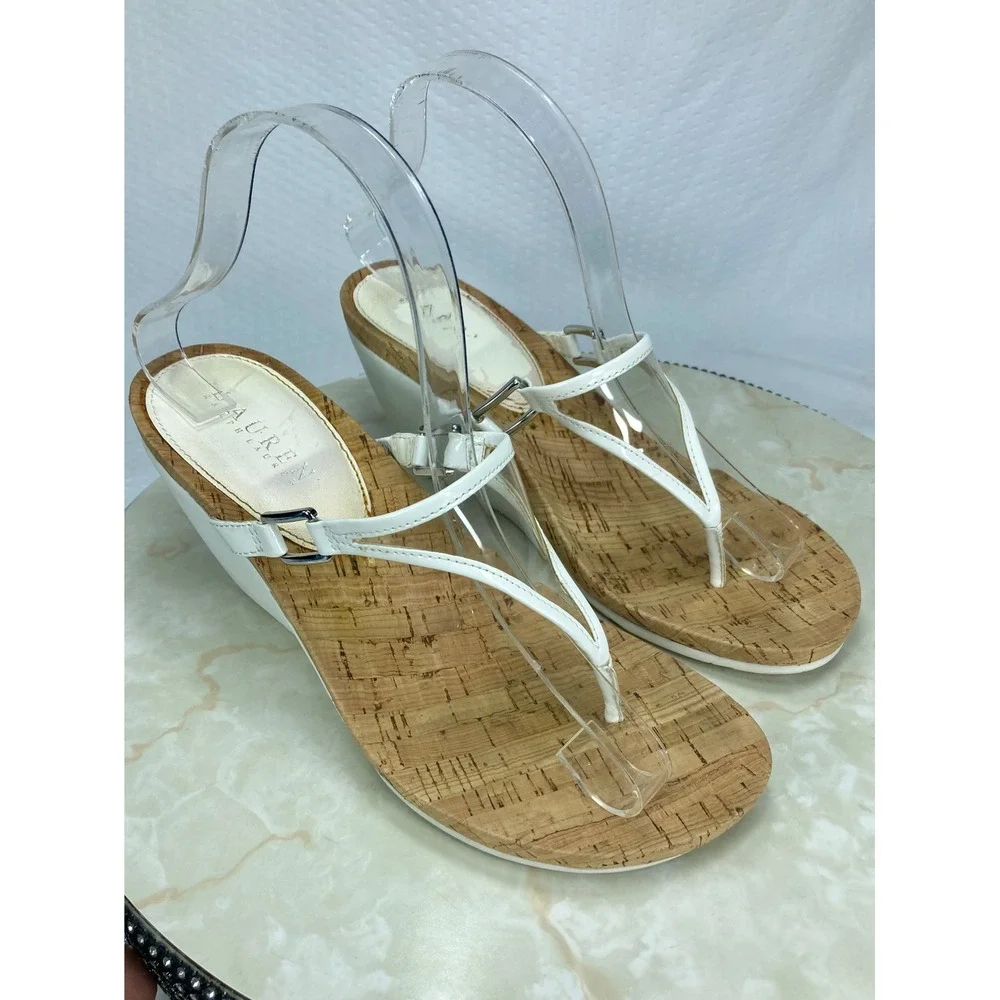 Lauren Ralph Lauren Rula Wedge Thong Sandals Women 8.5 White T-Strap Comfy Shoes